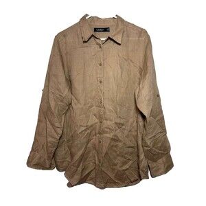 Lauren Ralph Lauren Linen Shirt Women XL Brown Button Down Long Sleeve